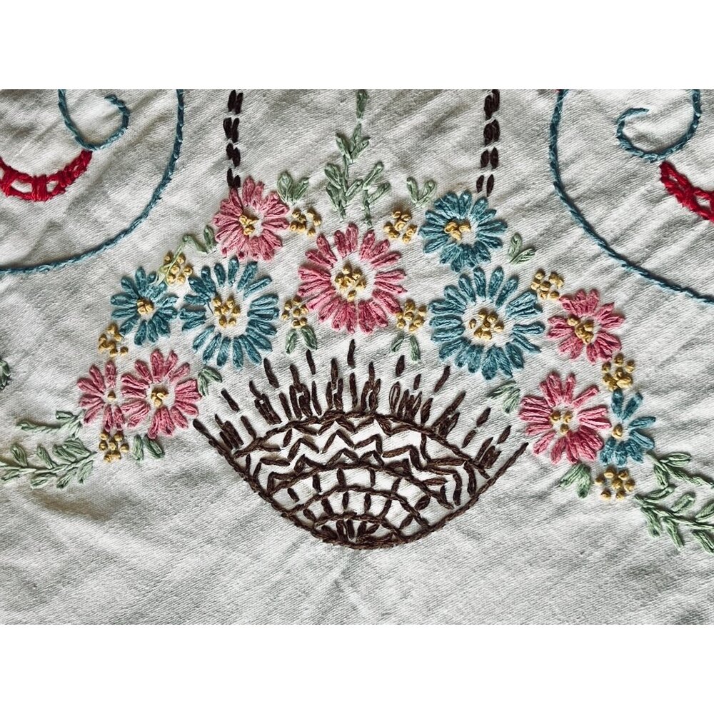 Vintage Hand-Embroidered Floral Tablecloth 50" X 45" Rectangular Cotton Linen Bl